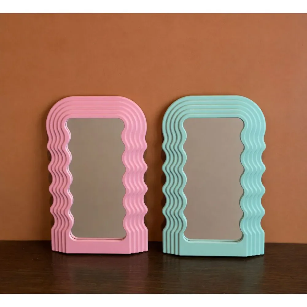 2 Wavy Mirrors Pink & Sage Green | Whimsical Decor | Retro Funky Wall hanging